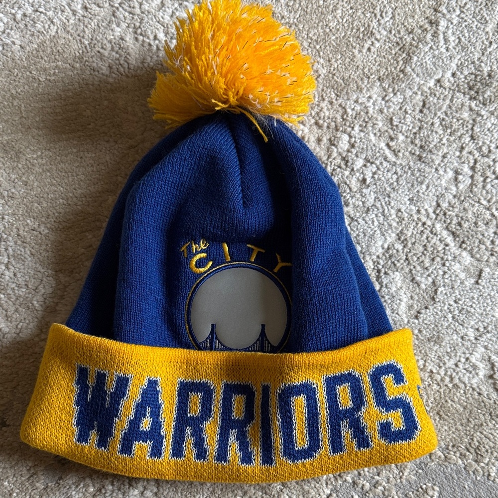 New Era Blue and Yellow Beanie with Pom, Golden State Warriors Knit Beanie